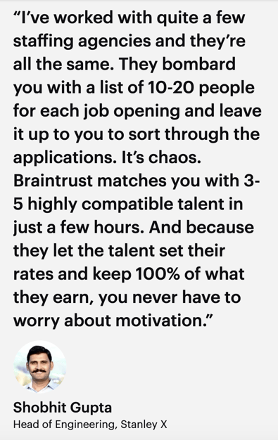 10 Biggest Misconceptions About Braintrust blog post - Shobhit Gupta quote, Head of Engineering at Stanley X