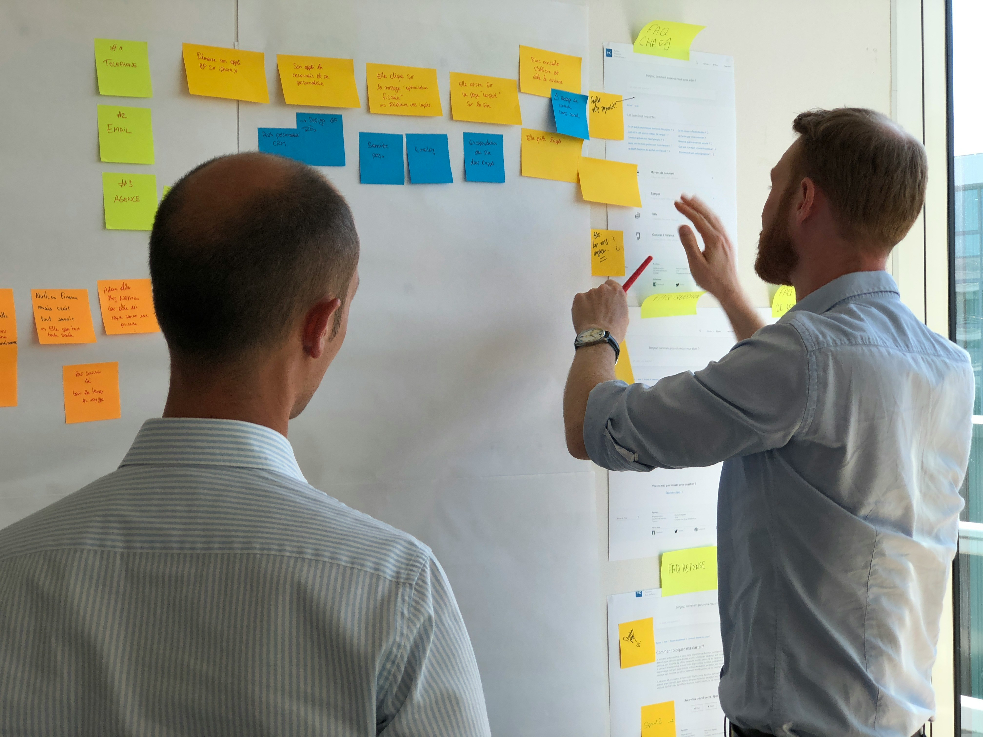 2 men using a whiteboard with sticky notes
